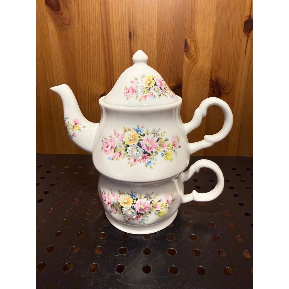 Vintage Floral Porcelain Tea for One Teapot Cup Set Stackable 8"